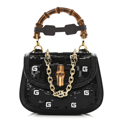 Gucci Sequin Lizard Embossed GG Mini Bamboo 1947 Top Handle Chain Bag Black White 1 of 10