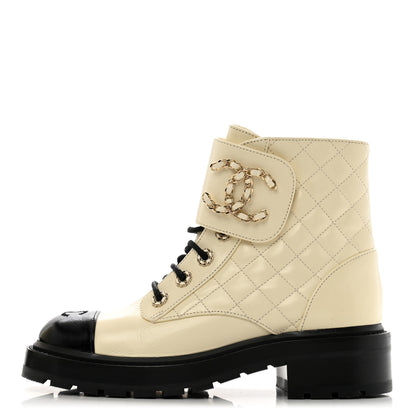Chanel Shiny Lambskin Quilted Lace Up Combat Boots 37.5 White Black 1 of 11