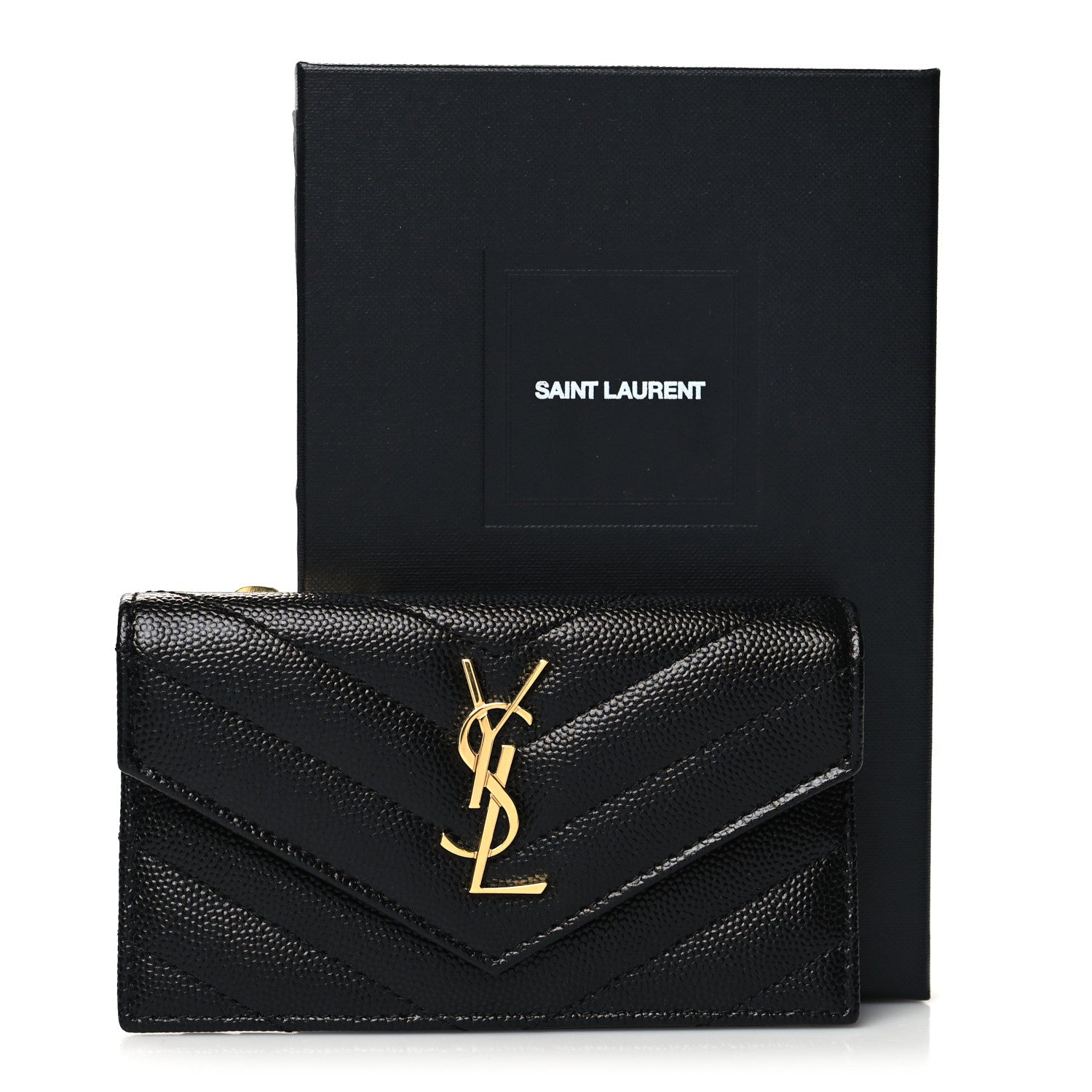 Saint Laurent Grain De Poudre Matelasse Chevron Monogram Compact Wallet Black 9 of 9