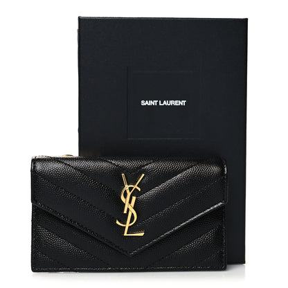 Saint Laurent Grain De Poudre Matelasse Chevron Monogram Compact Wallet Black 9 of 9
