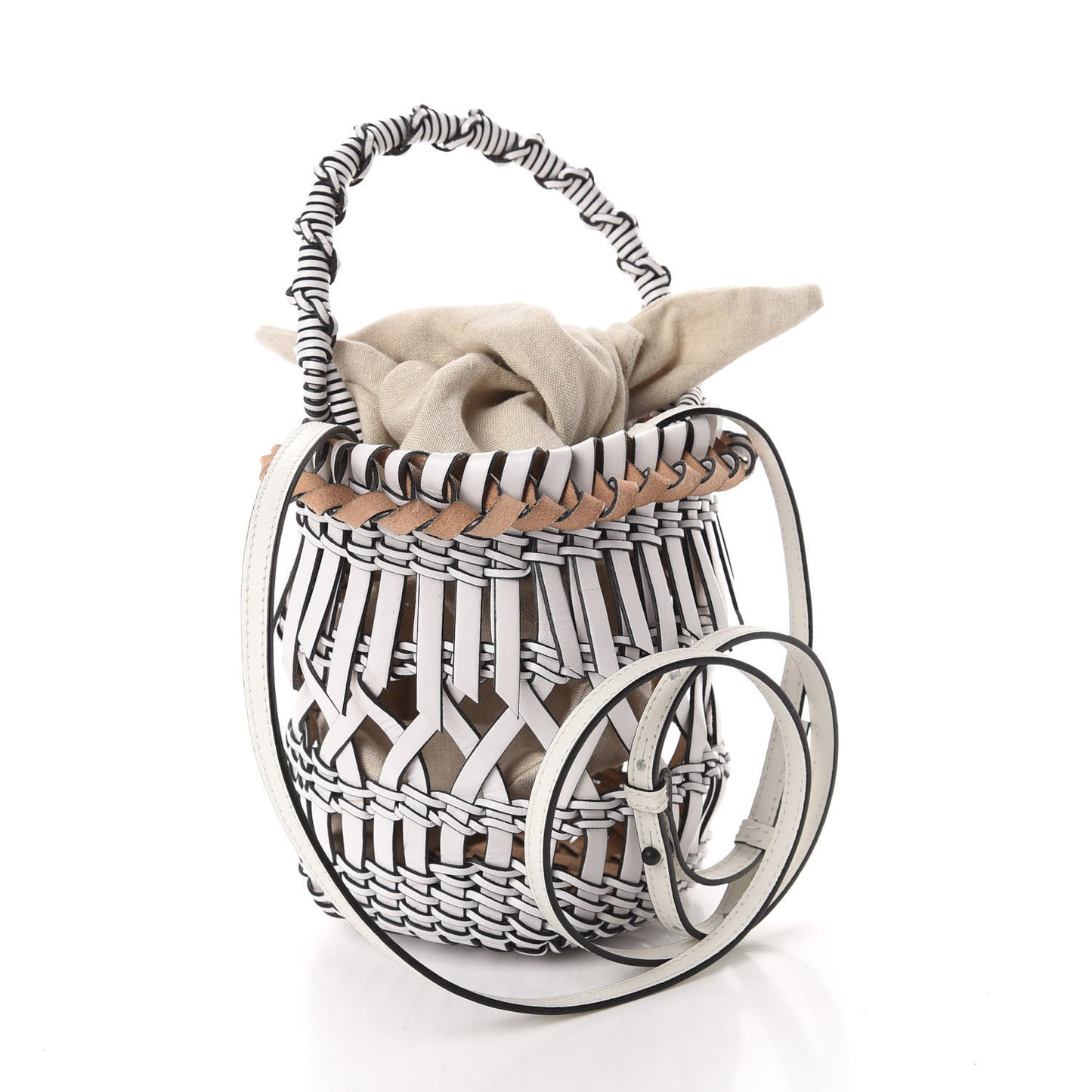 Calfskin Fringe Woven Bucket Bag White