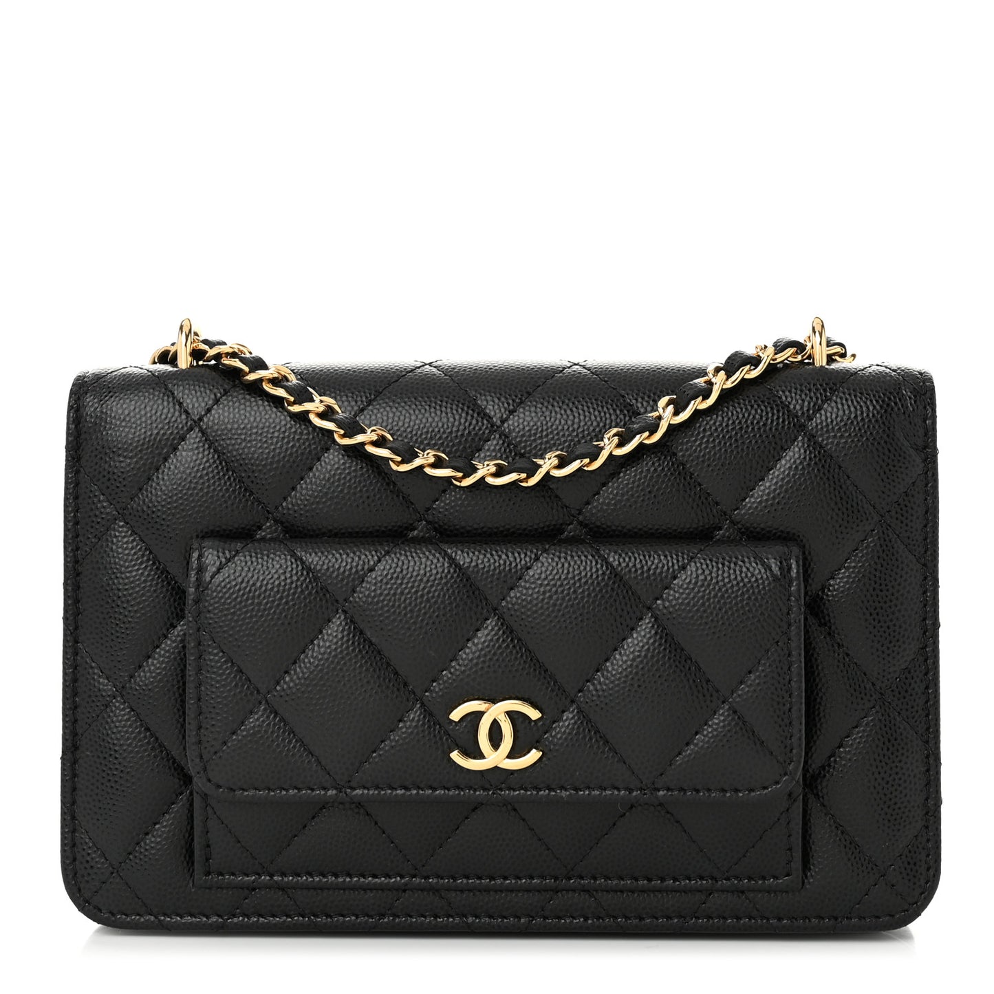 Caviar Quilted Pocket Clutch With Chain WOC Black