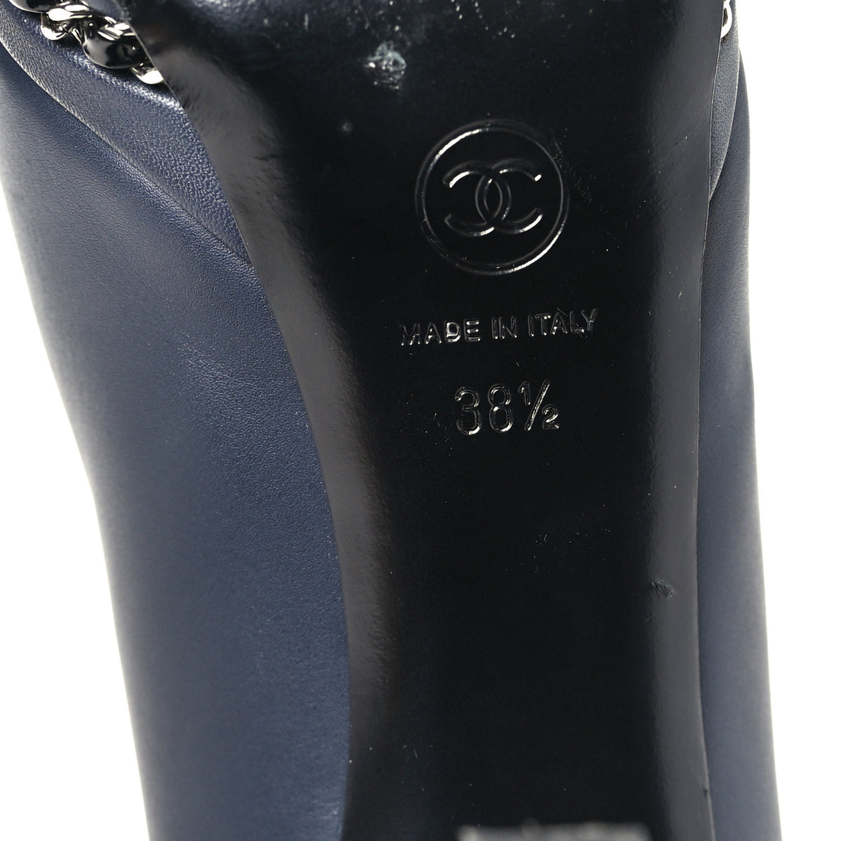 Chanel Calfskin Patent CC Cap Toe Platform Chain Pumps 38.5 Navy Black 7 of 9