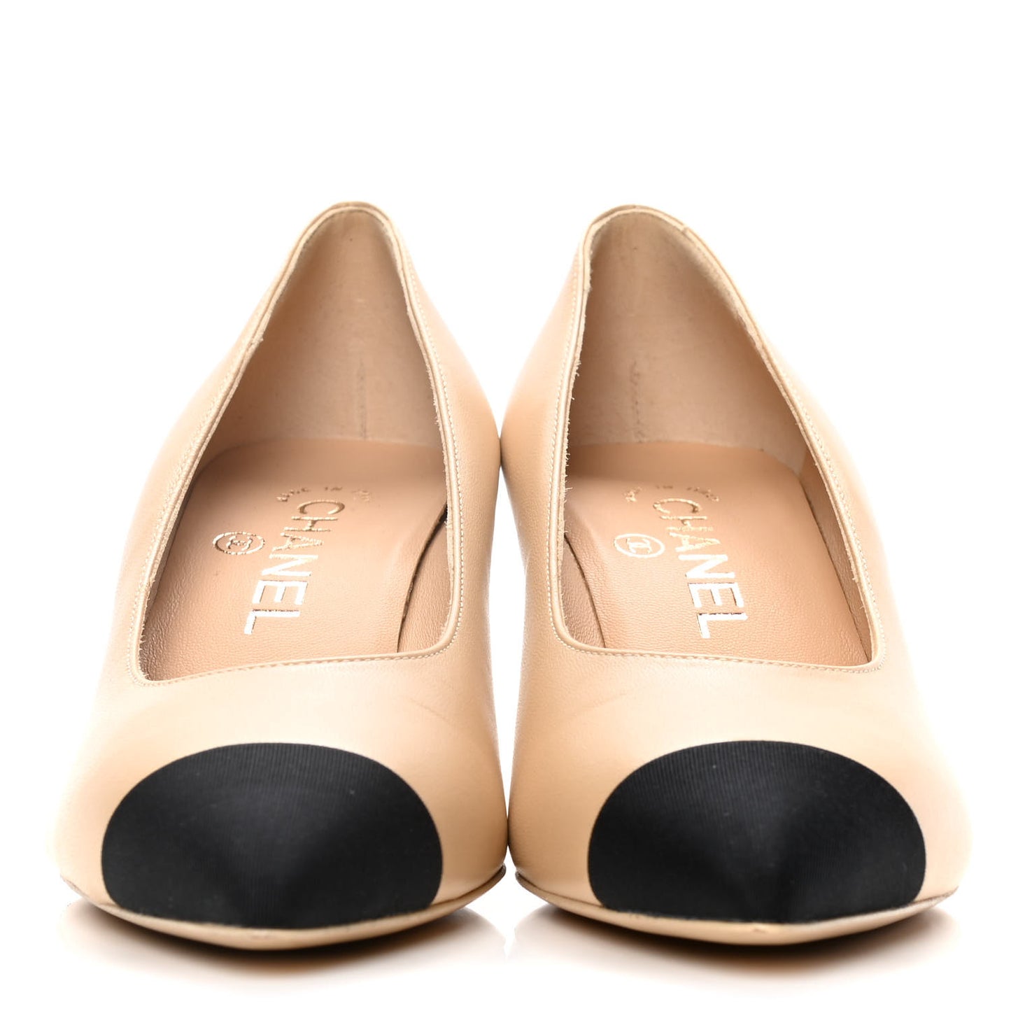 Lambskin Grosgrain Cap Toe CC Pearl Pumps 36.5 Beige Black