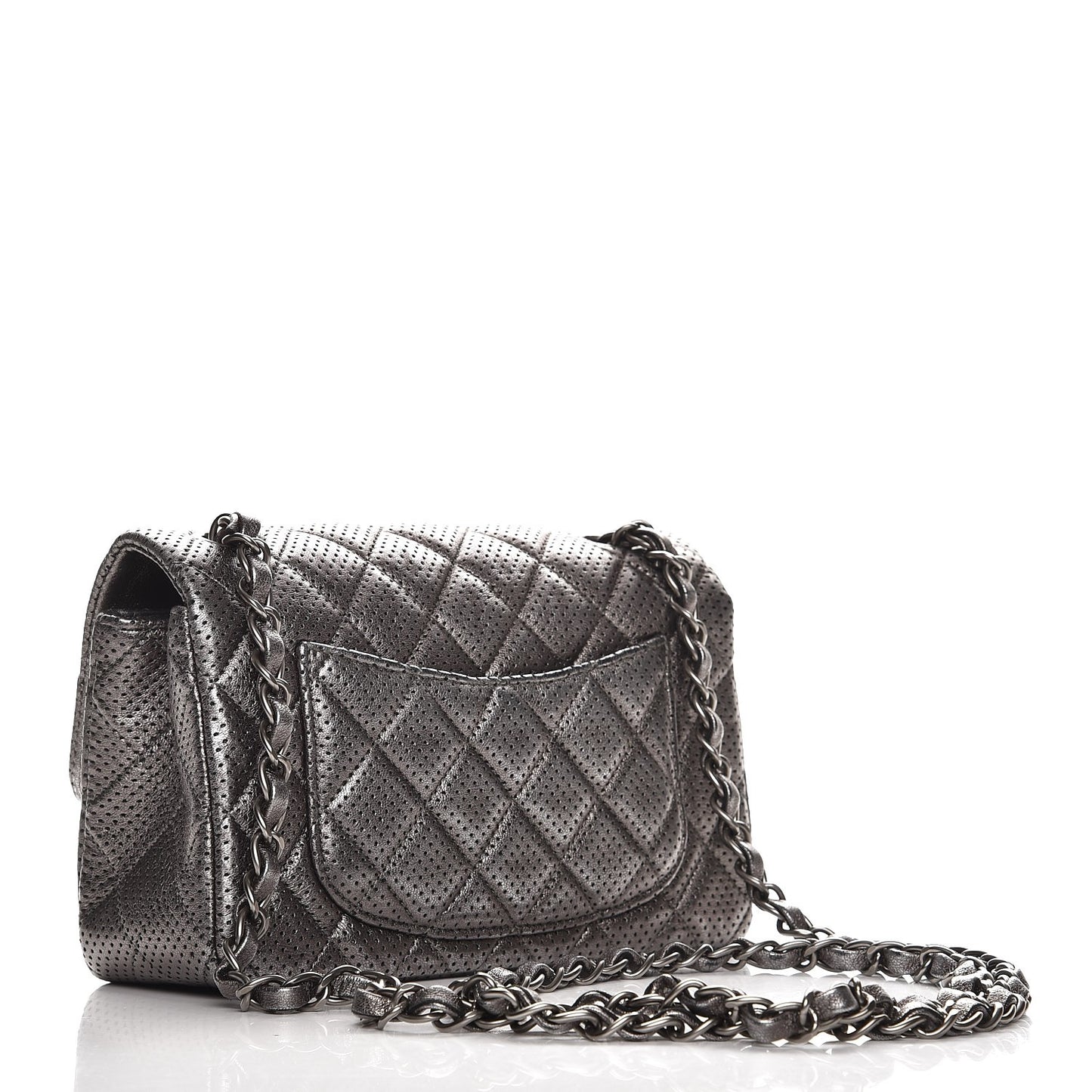Metallic Lambskin Perforated Mini Rectangular Flap Grey