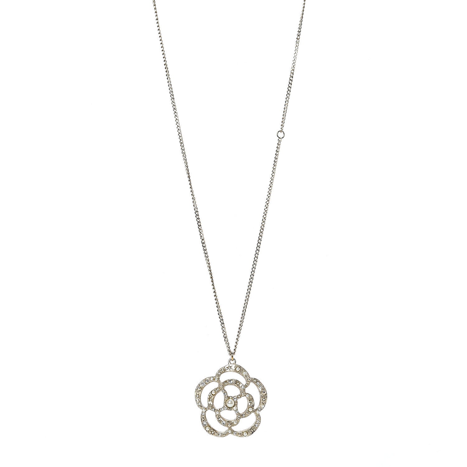 Chanel Pearl Crystal Large Camellia Pendant Necklace Light Gold 1 of 5
