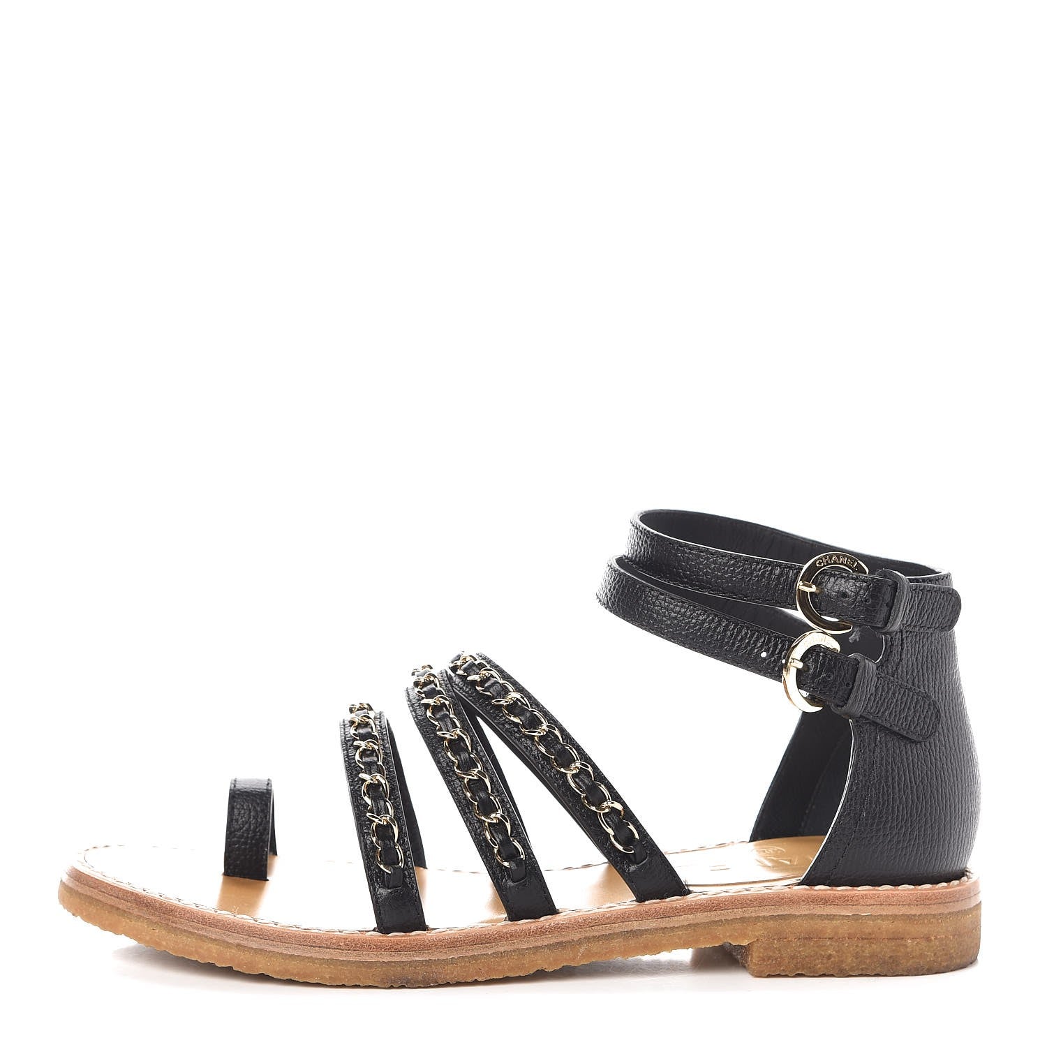 Chanel Calfskin Fantasy Chain Flat Sandals 37.5 Black 1 of 8