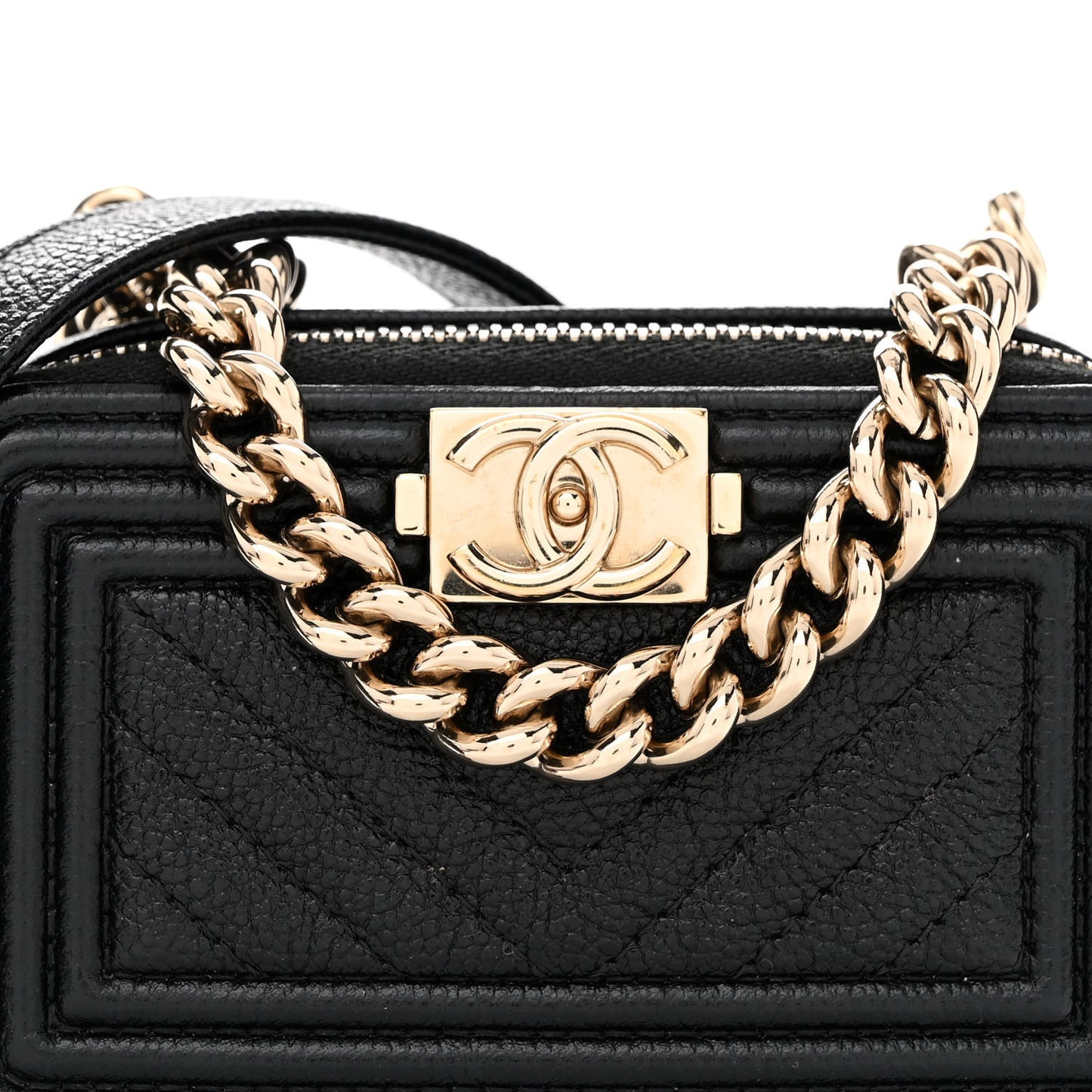 Caviar Chevron Quilted Mini Boy Clutch With Chain Black