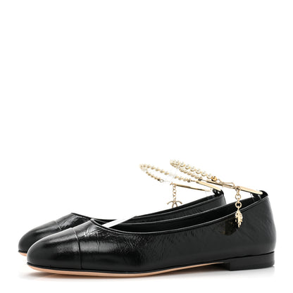 Chanel Lambskin Patent Calfskin Cap Toe Ankle Chain Ballerina Flats 39 Black 3 of 9