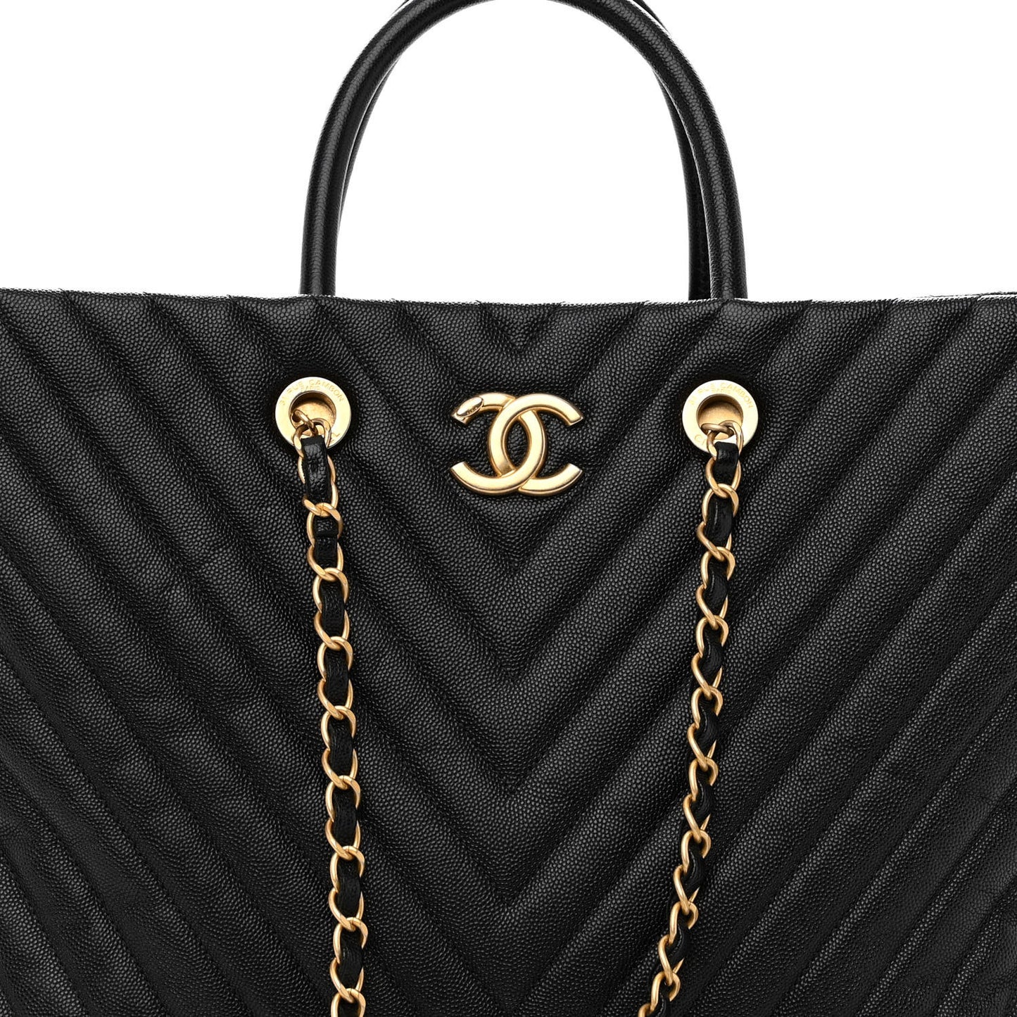 Caviar Chevron Quilted Coco Handle Shopping Tote Black