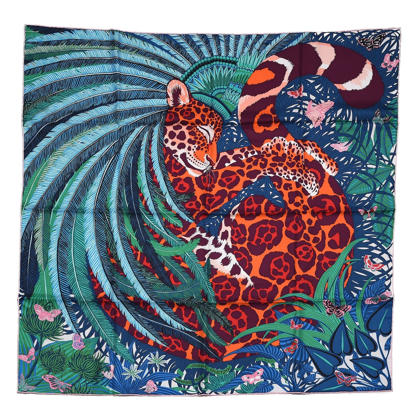 Silk Jaguar Quetzal Scarf 90 Turquoise Orange Vert