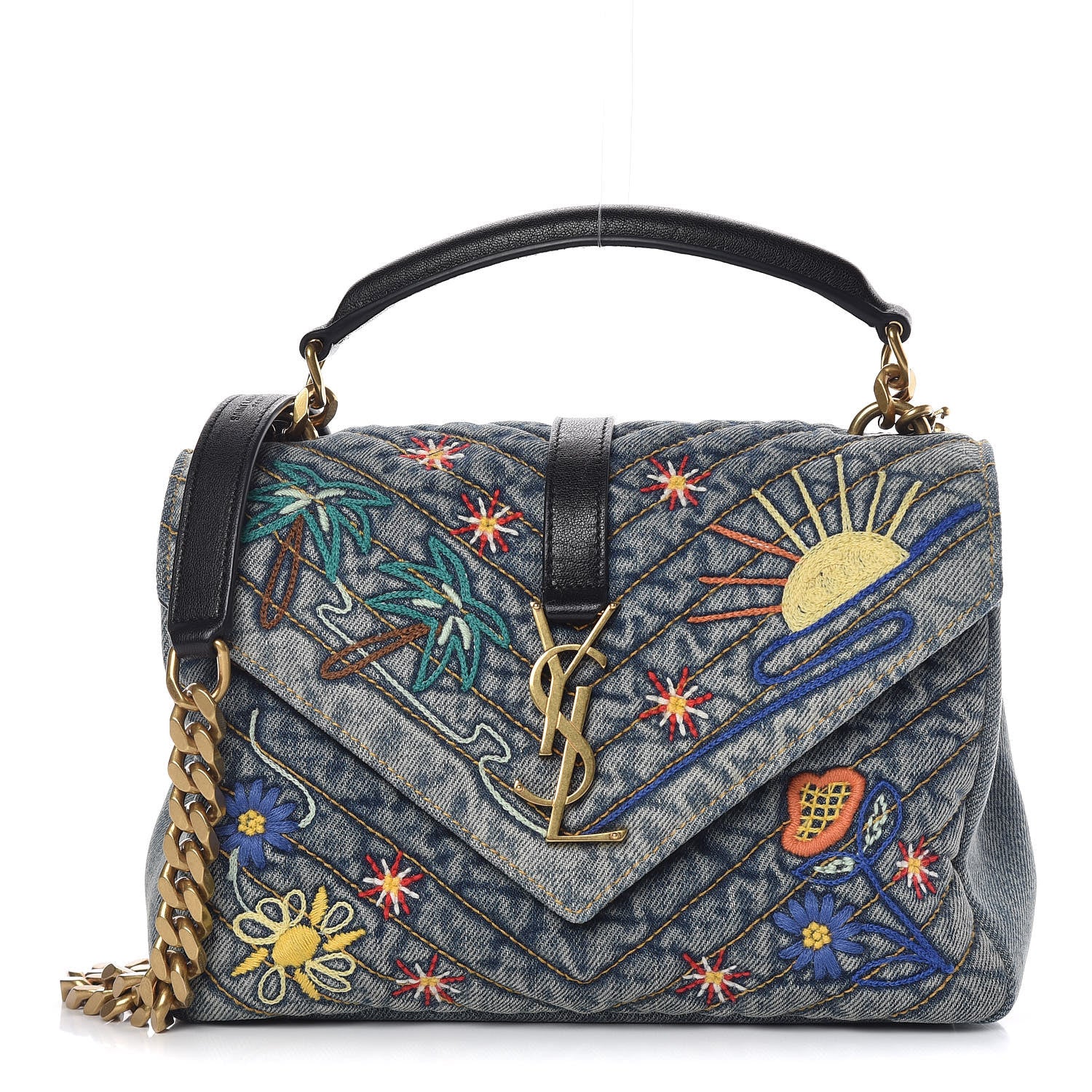 Saint Laurent Denim Matelasse Chevron Summer Embroidered Monogram Medium College Bag Blue 1 of 12