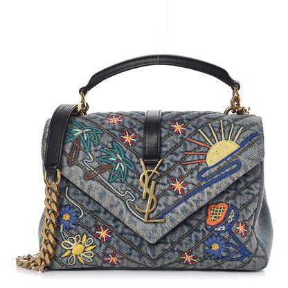 Saint Laurent Denim Matelasse Chevron Summer Embroidered Monogram Medium College Bag Blue 1 of 12