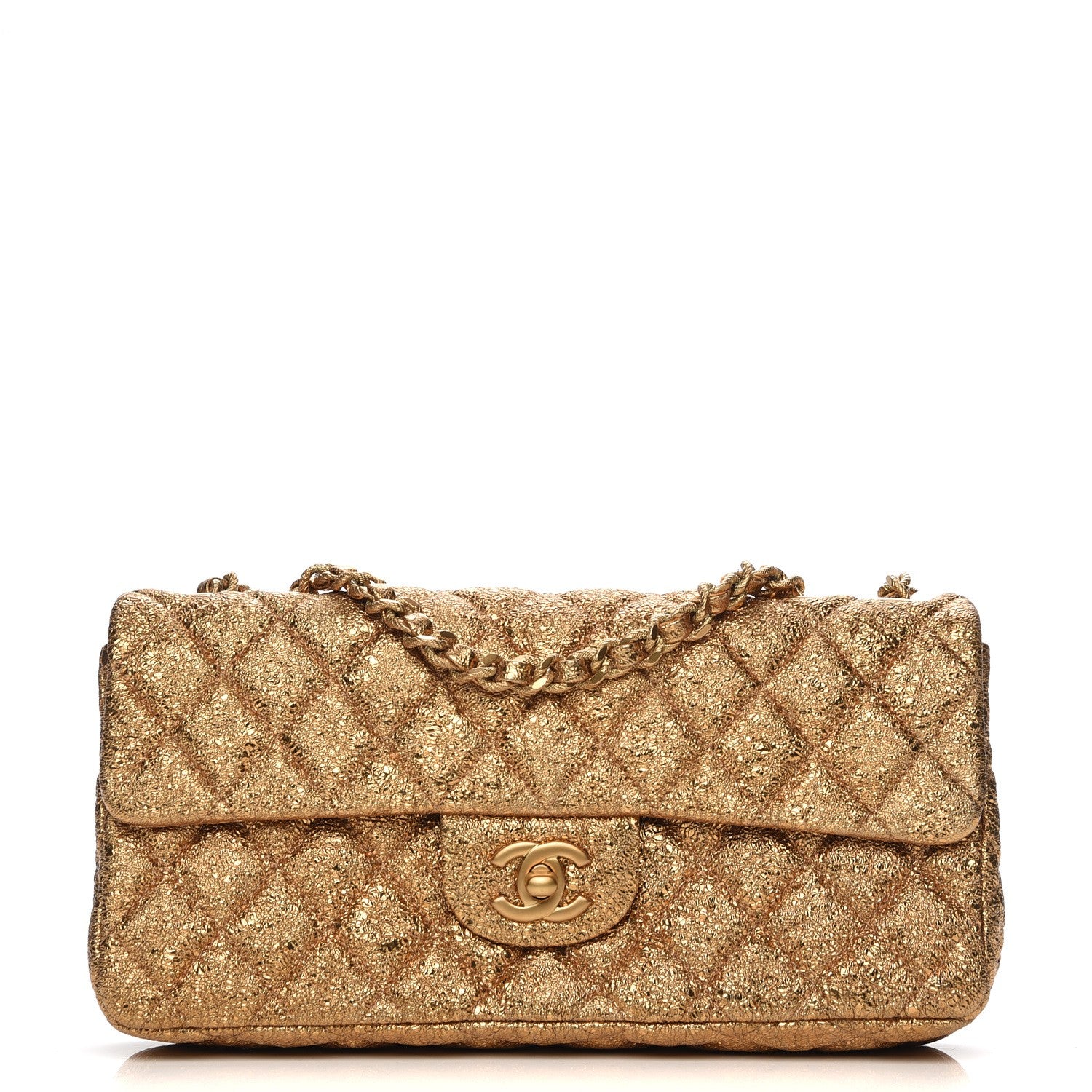 Chanel Metallic Crackled Calfskin Quilted East West Flap Dark Gold 1 of 8