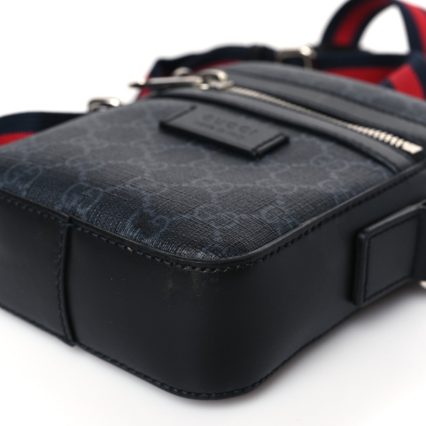 GG Supreme Monogram Appia Calfskin Web Small Camera Messenger Bag Black Grey Black Grey