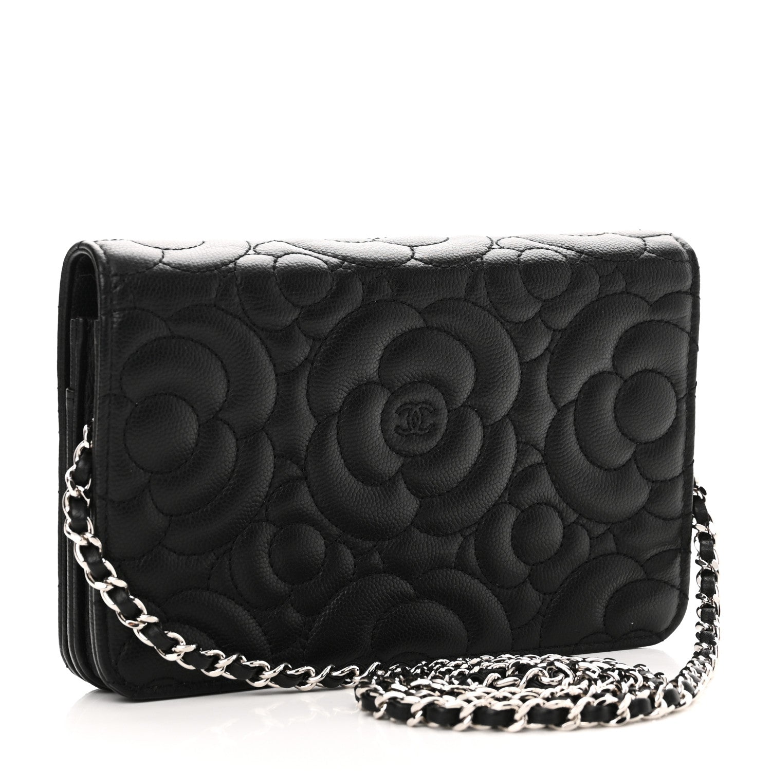 Chanel Caviar Camellia Embossed Wallet On Chain WOC Black 3 of 14
