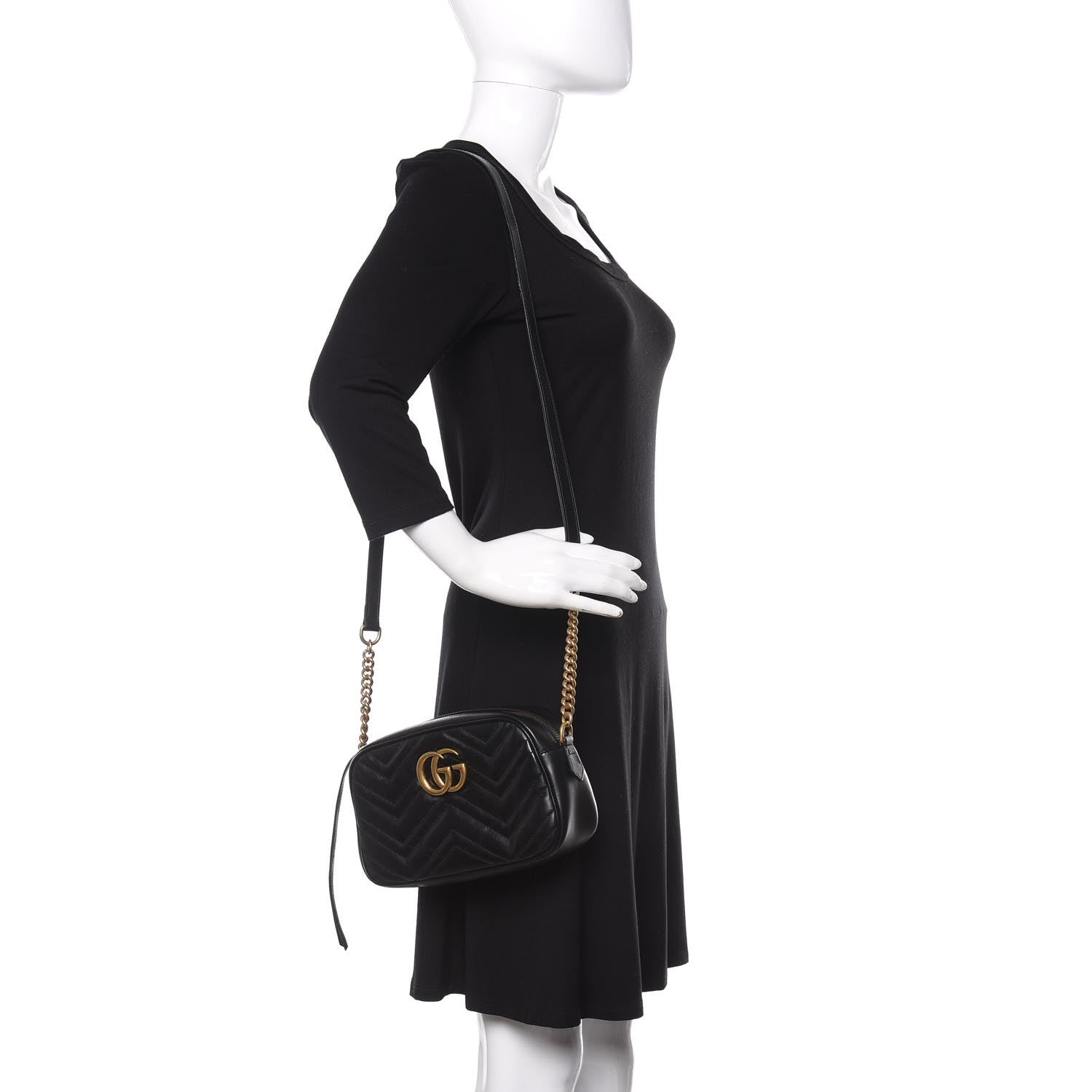 Gucci Calfskin Matelasse Small GG Marmont Chain Shoulder Bag Black 2 of 11