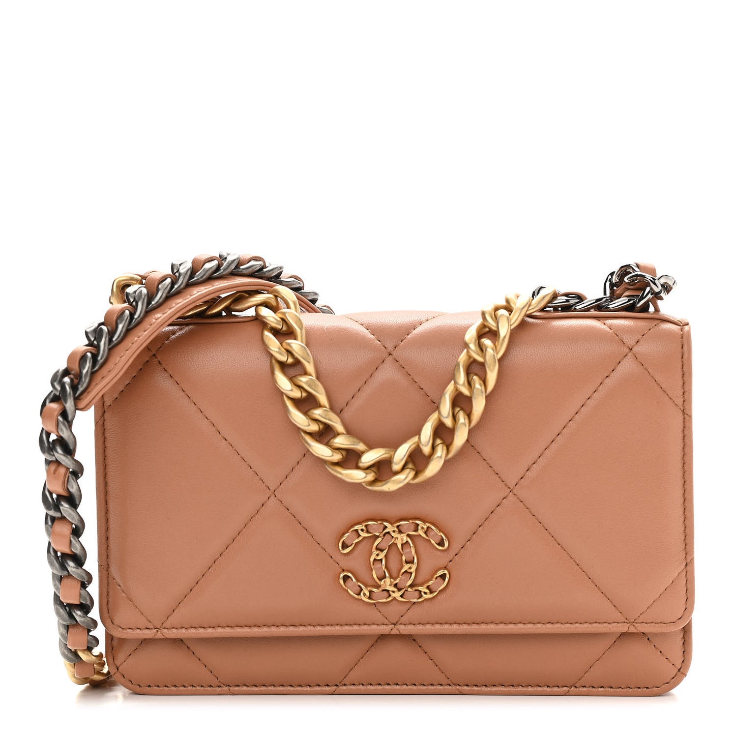 Lambskin Quilted Chanel 19 Wallet On Chain WOC Brown