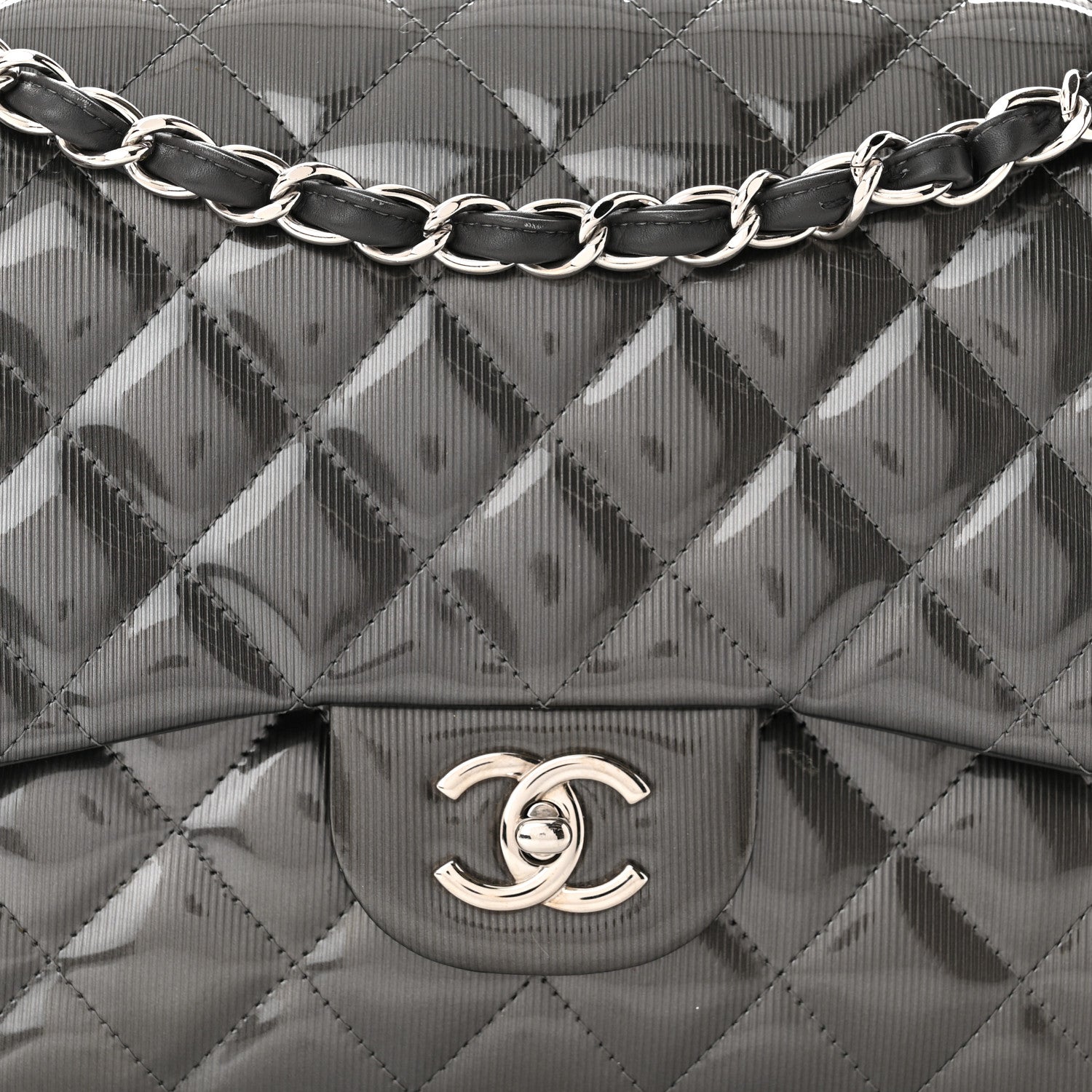 Chanel Striated Patent Quilted Jumbo Double Flap Grey 8 of 13