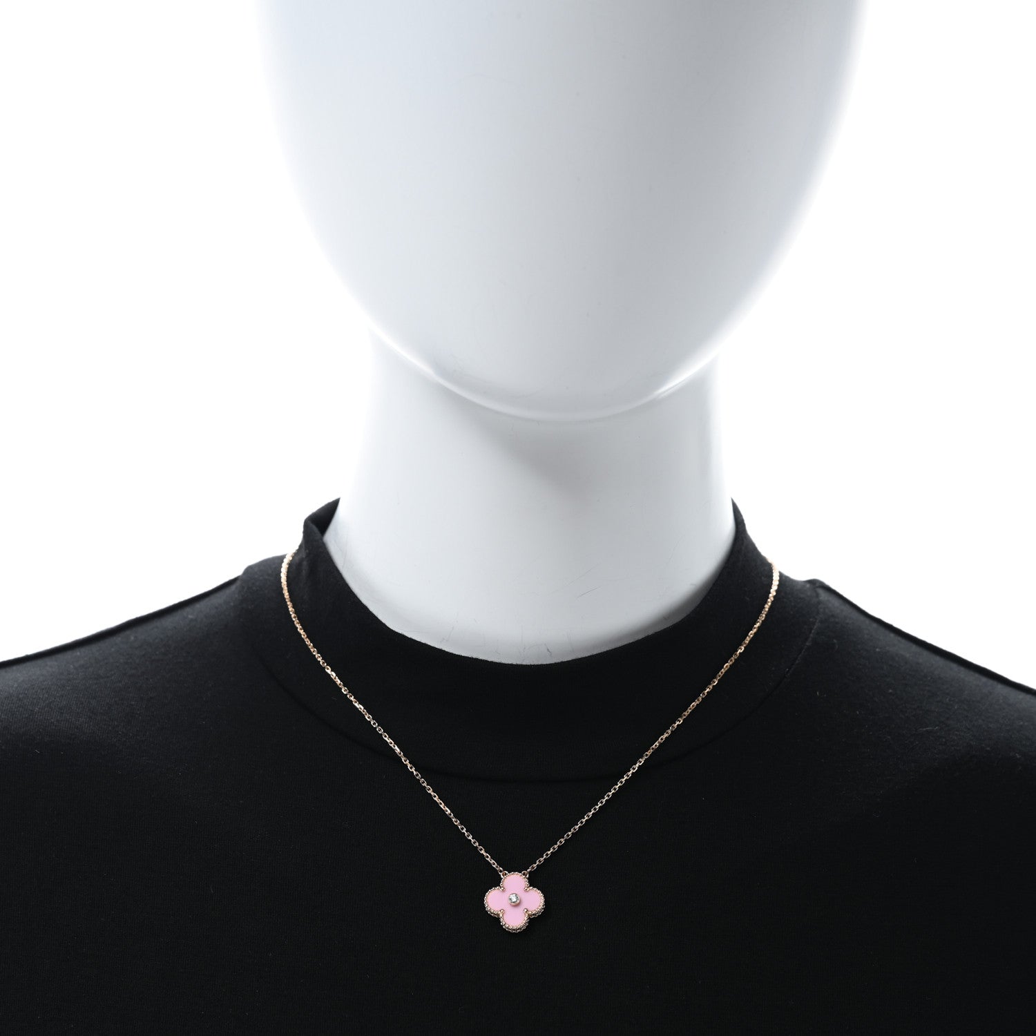 Van Cleef & Arpels 18K Rose Gold Diamond Pink Porcelain Vintage Alhambra Pendant Necklace 3 of 4