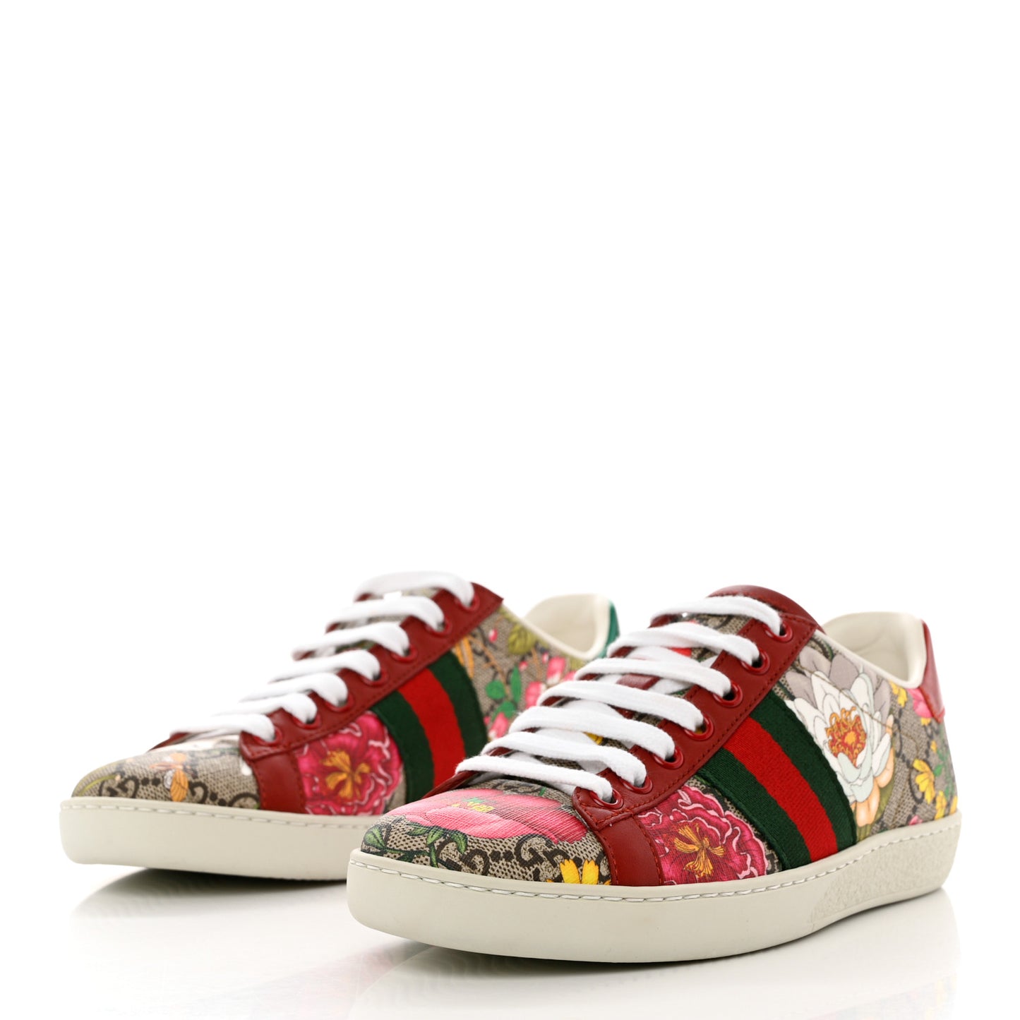 GG Supreme Monogram Flora Web Womens Ace Sneakers 35 Beige Multicolor Rosso