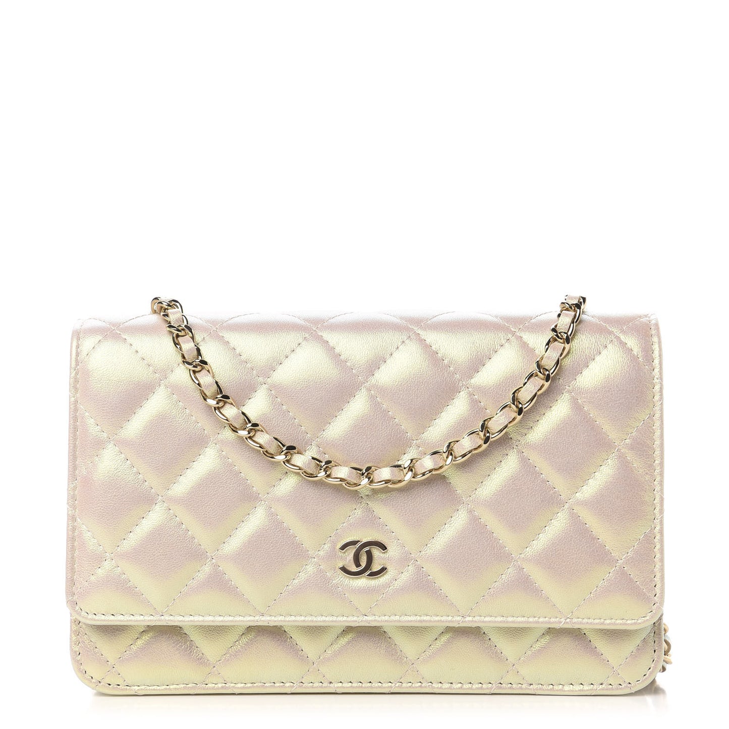 Iridescent Lambskin Quilted Wallet On Chain WOC Ivory