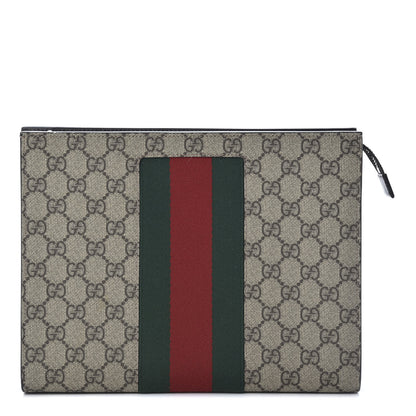 Gucci GG Supreme Monogram Selleria Calfskin Web New Web Cosmetic Case Beige Ebony Cocoa 1 of 7