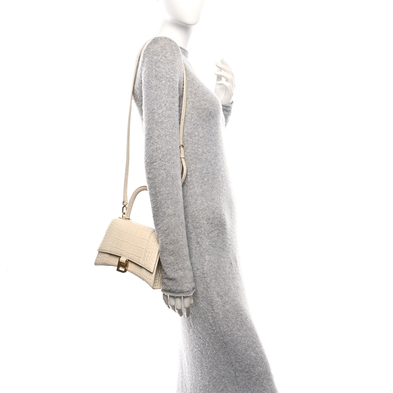 Balenciaga Shiny Calfskin Crocodile Embossed Small Hourglass Top Handle Bag Cream 2 of 10