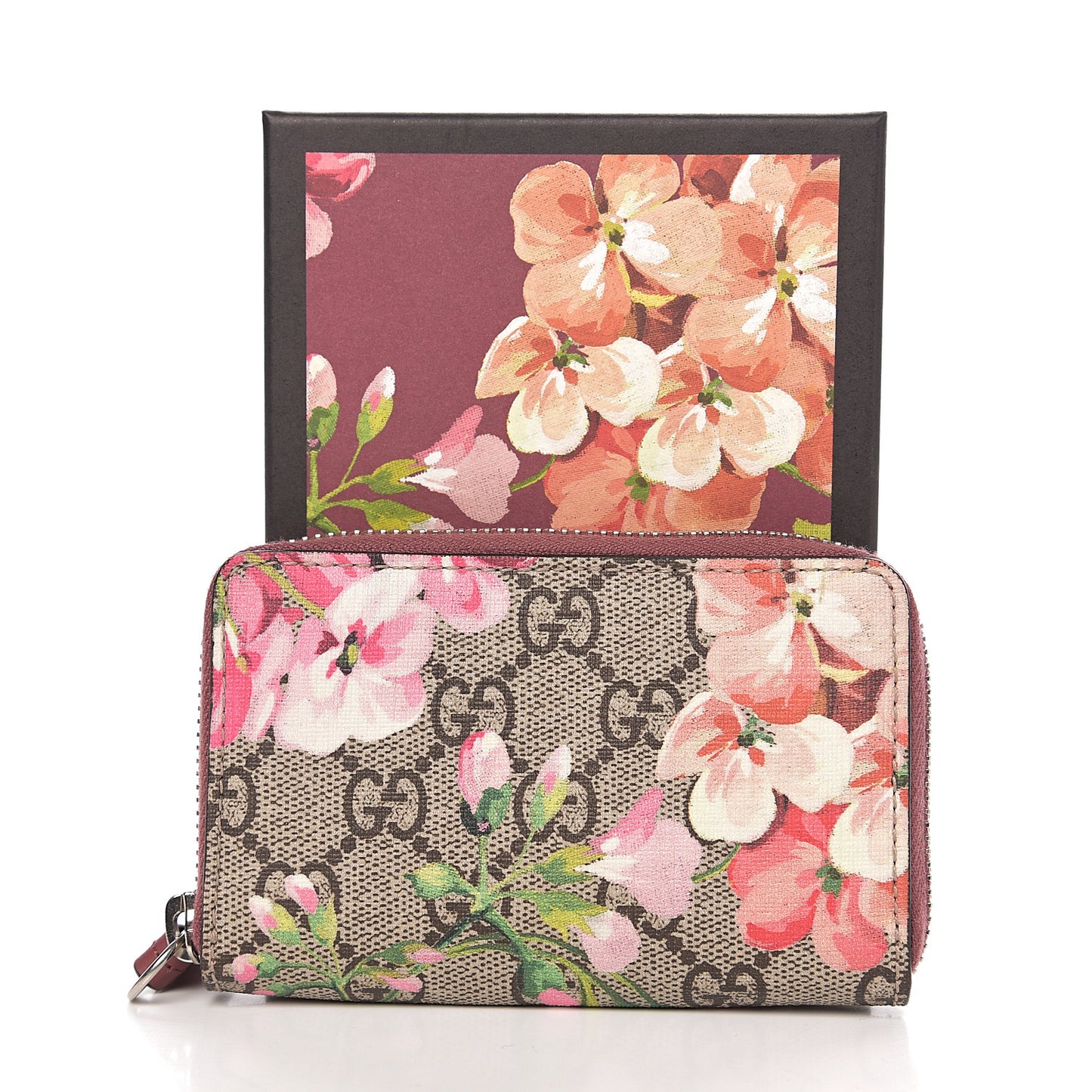 GG Supreme Monogram Blooms Zip Around Card Case Wallet Beige Multicolor Dry Rose