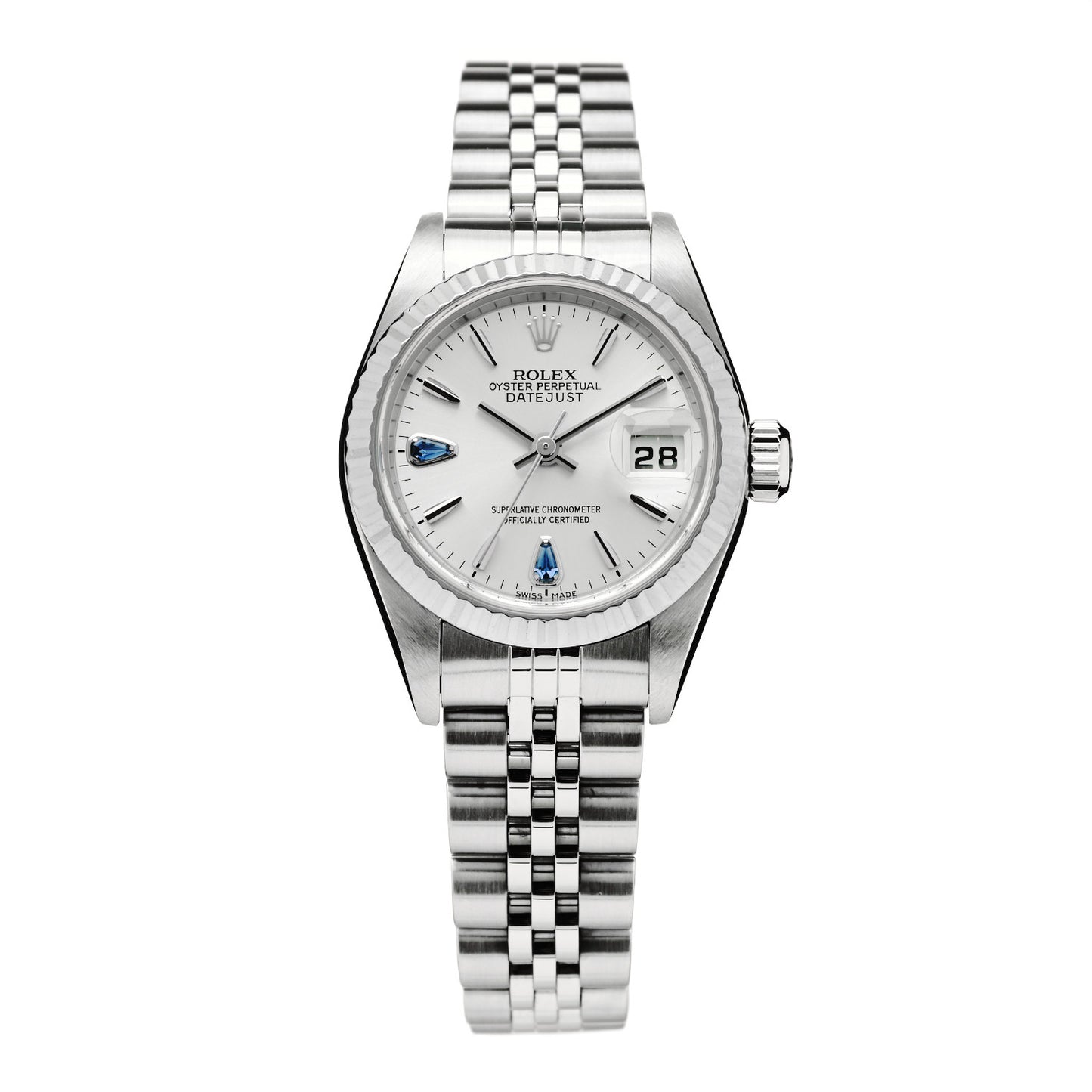 Stainless Steel 18K White Gold Blue Sapphire 26mm Oyster Perpetual Datejust Watch Silver 79174