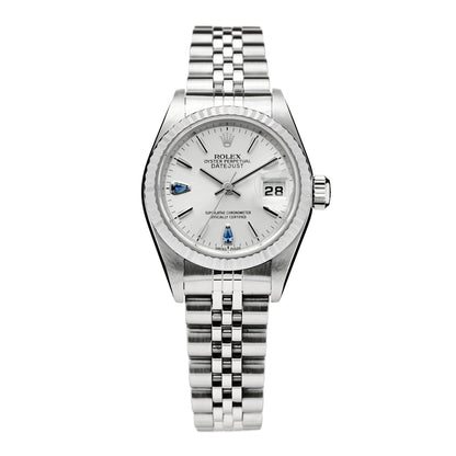 Rolex Stainless Steel 18K White Gold Blue Sapphire 26mm Oyster Perpetual Datejust Watch Silver 79174 1 of 4