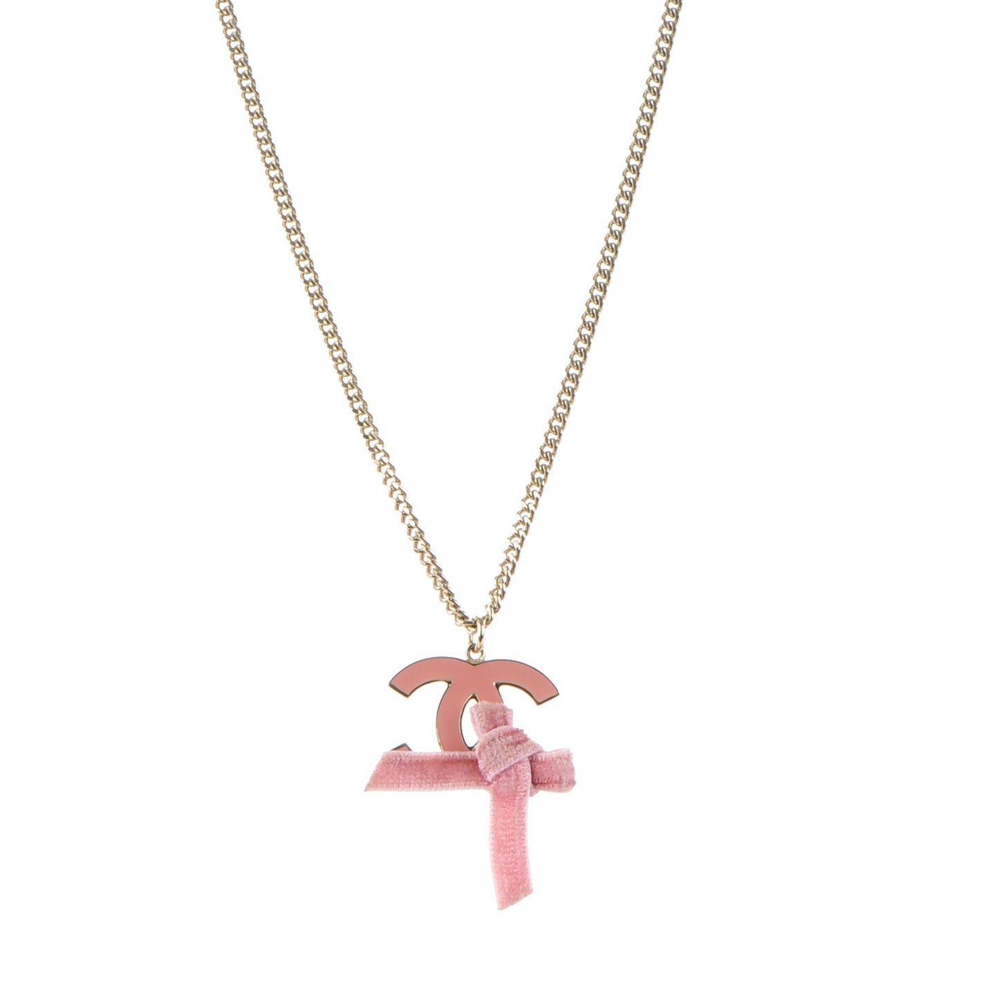 Metal Enamel Velvet CC Bow Necklace Gold Pink