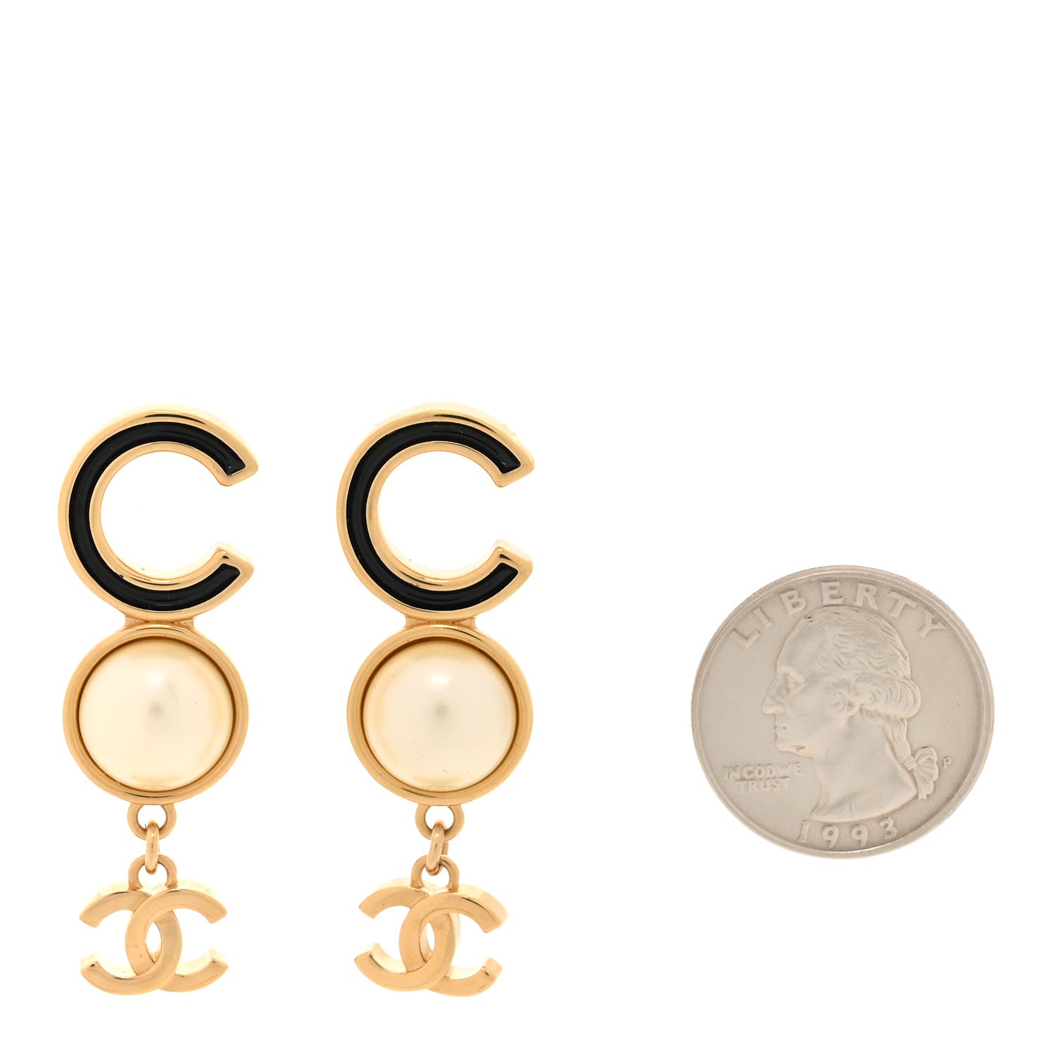 Chanel Enamel Pearl CC Drop Earrings Gold Black 2 of 5