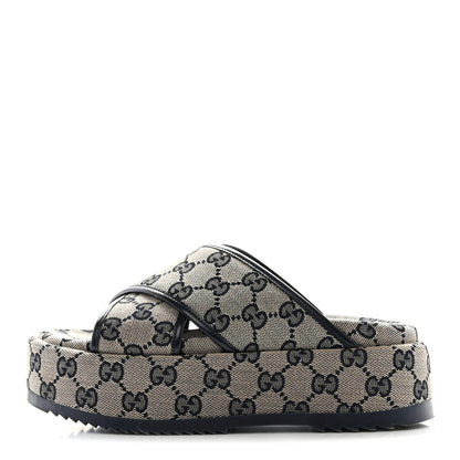 Gucci Monogram Criss Cross Platform Slide Sandals 34.5 Beige Blue 1 of 11