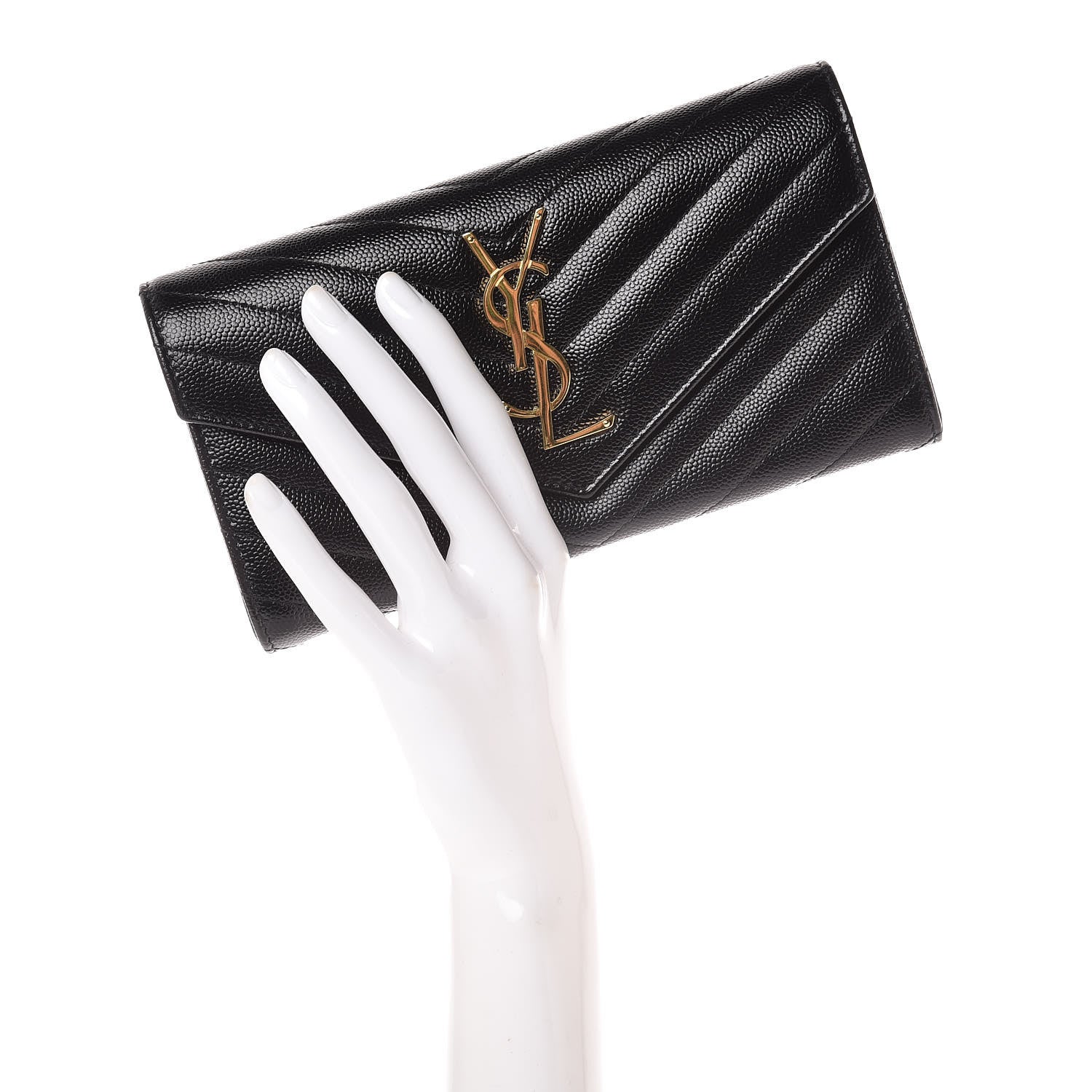 Saint Laurent Grain De Poudre Matelasse Chevron Monogram Flap Wallet Black 2 of 12