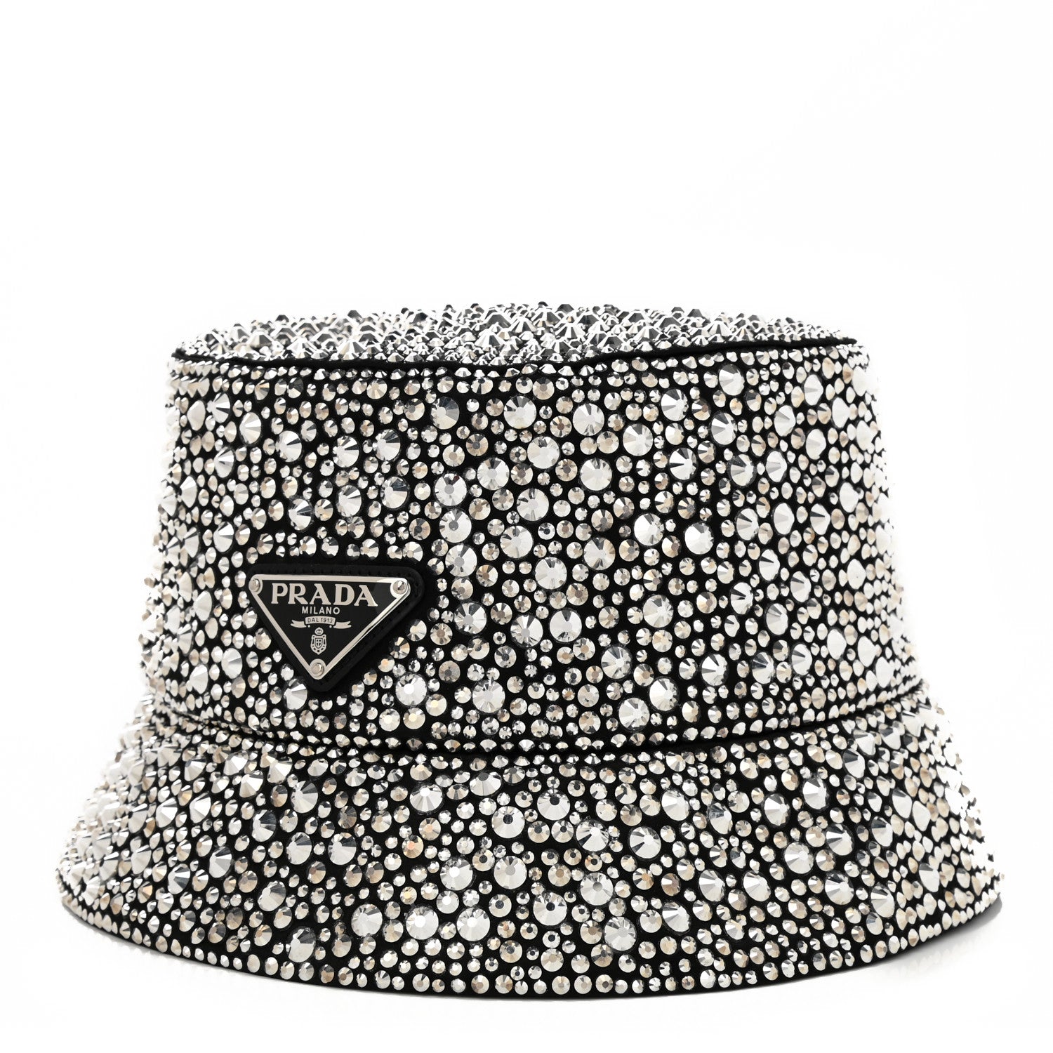 Prada Satin Crystal Metal Triangle Logo Womens Bucket Hat M Metal 1 of 8