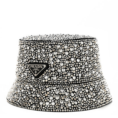 Prada Satin Crystal Metal Triangle Logo Womens Bucket Hat M Metal 1 of 8