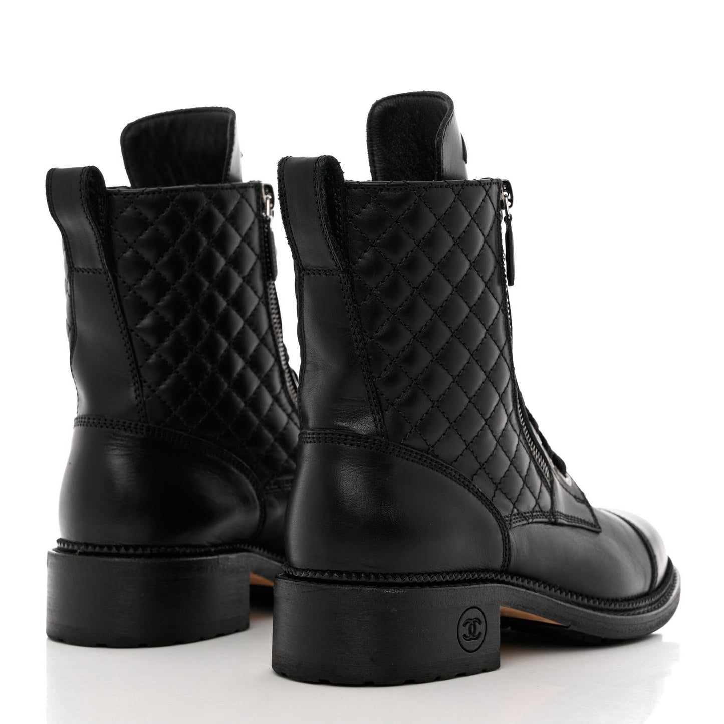 Calfskin Quilted Lace Up Combat Boots 38 Black