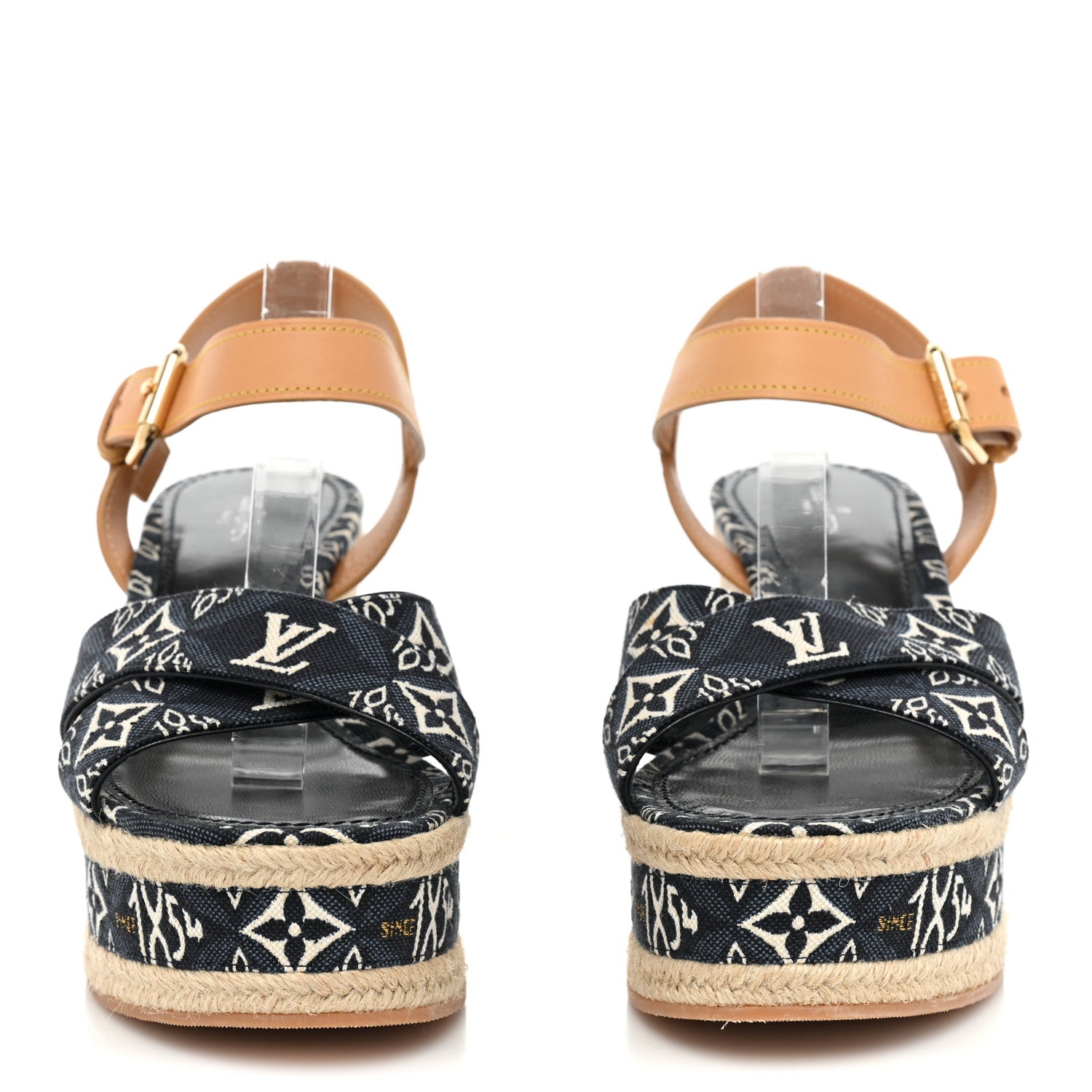 Louis Vuitton Jacquard Calfskin Since 1854 Boundary Wedge Sandals 39 Blue 2 of 11