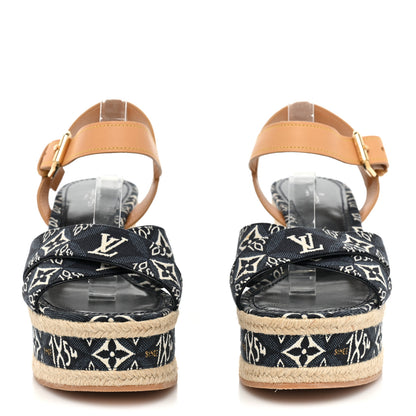 Louis Vuitton Jacquard Calfskin Since 1854 Boundary Wedge Sandals 39 Blue 2 of 11