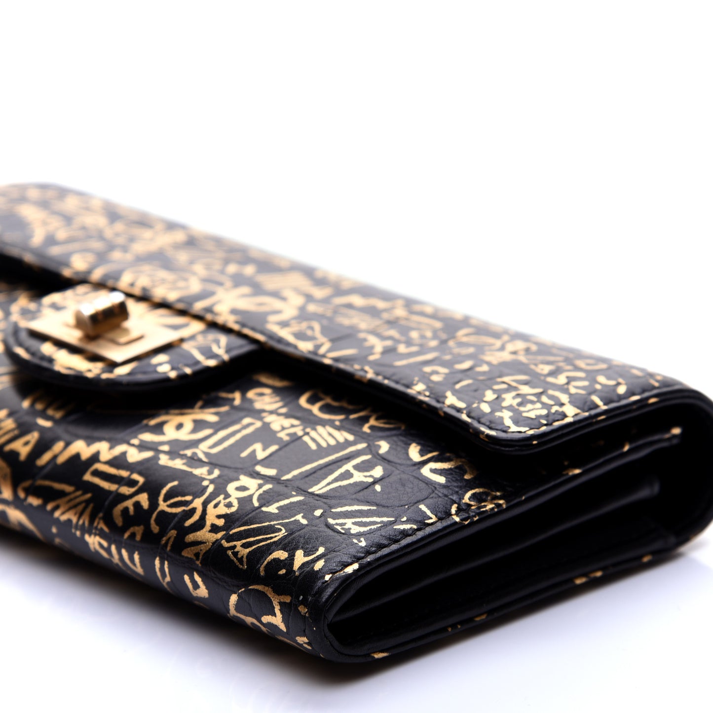 Calfskin Crocodile Embossed Graffiti 2.55 Cocodile Reissue Long Flap Black Gold