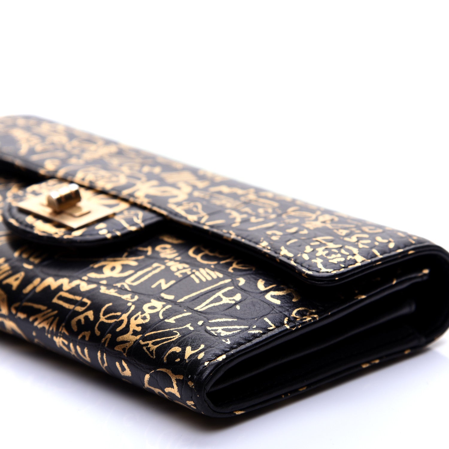 Chanel Calfskin Crocodile Embossed Graffiti 2.55 Cocodile Reissue Long Flap Black Gold 7 of 14