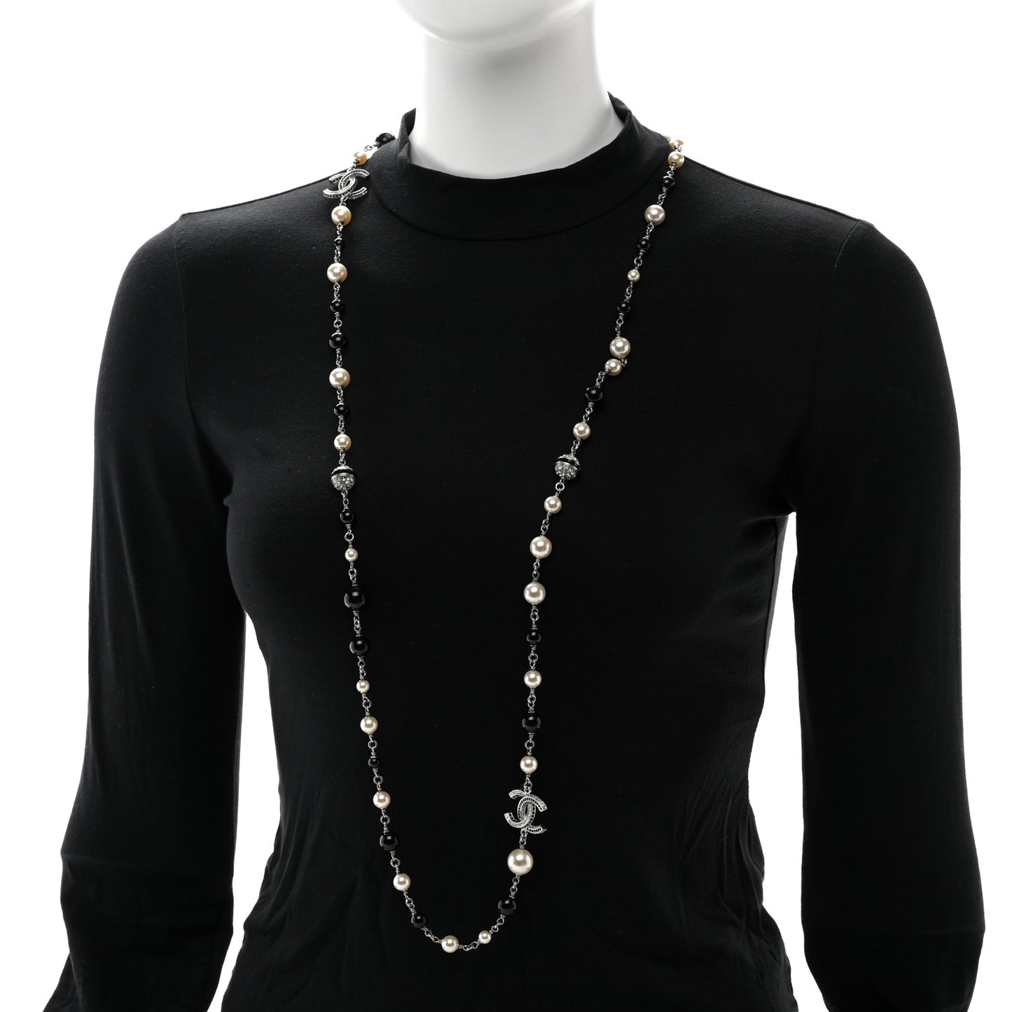 Pearl Crystal Bead CC Long Necklace Silver Black White