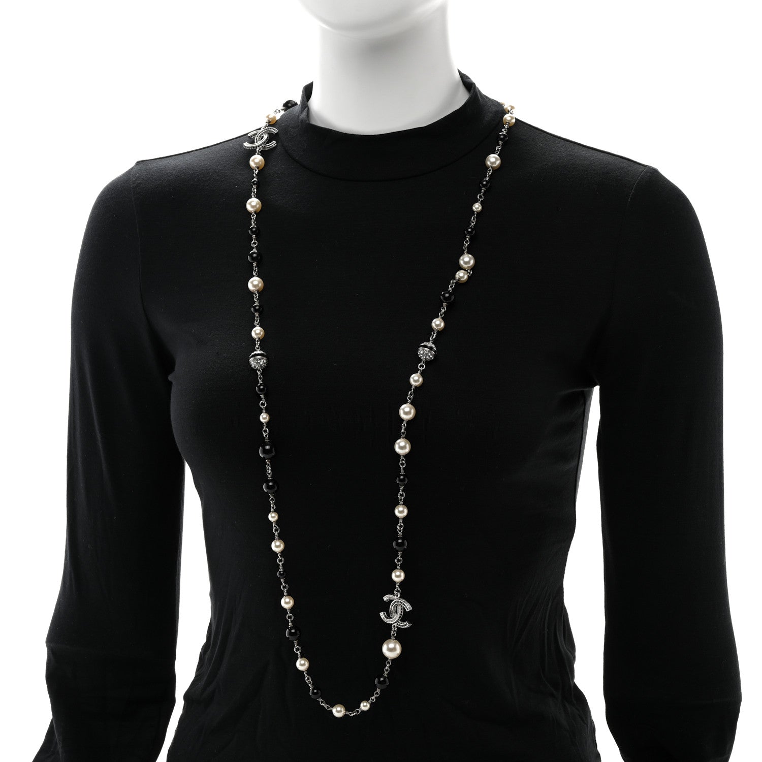 Chanel Pearl Crystal Bead CC Long Necklace Silver Black White 2 of 5