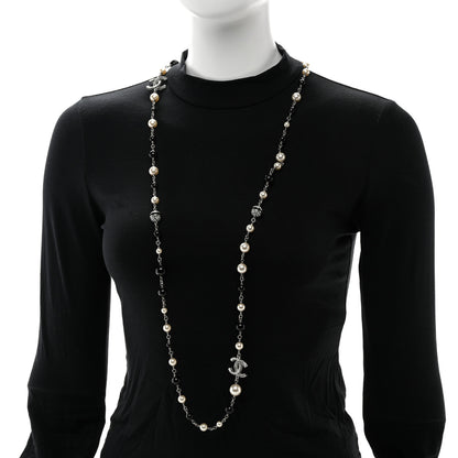 Chanel Pearl Crystal Bead CC Long Necklace Silver Black White 2 of 5