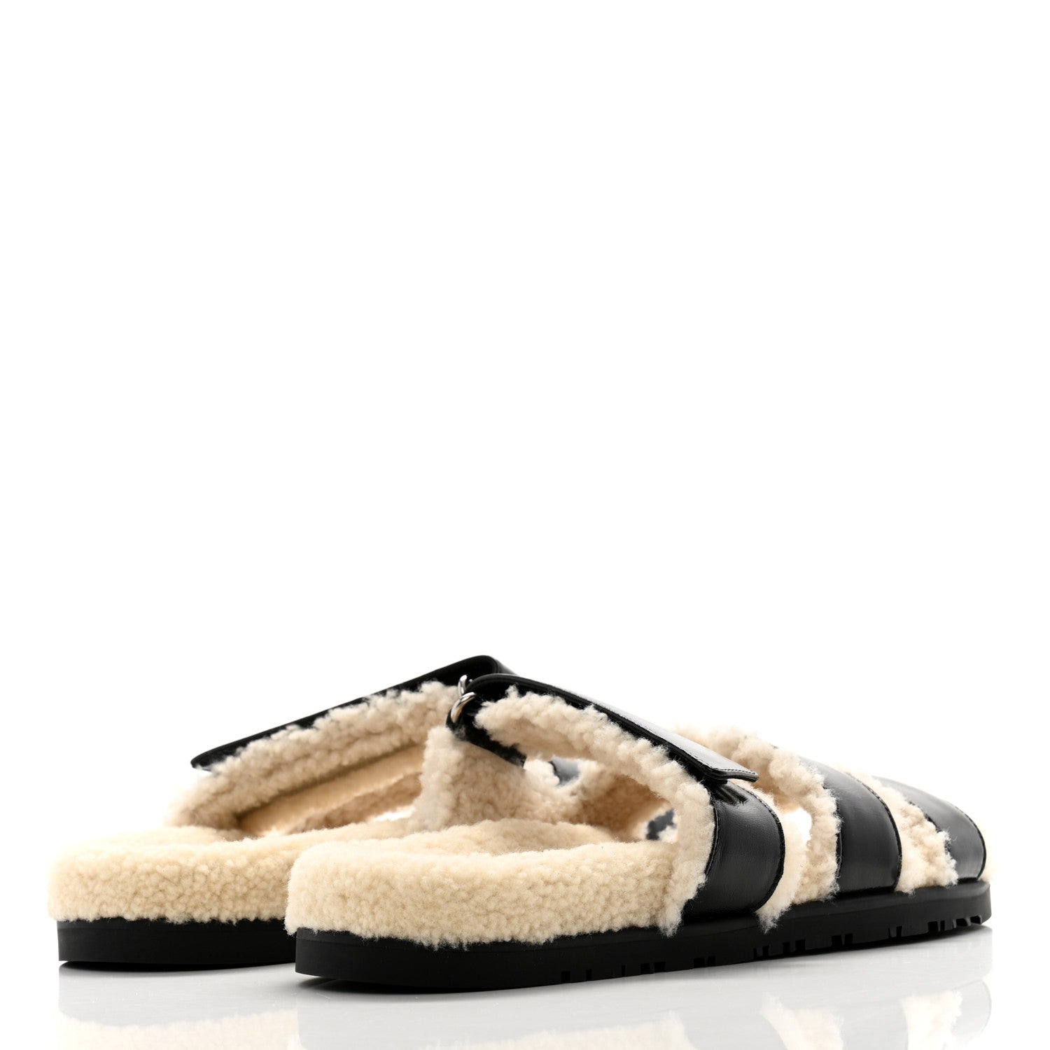 Hermes Glazed Nappa Woolskin Womens Chypre Sandals 40.5 Black Ecru 4 of 9