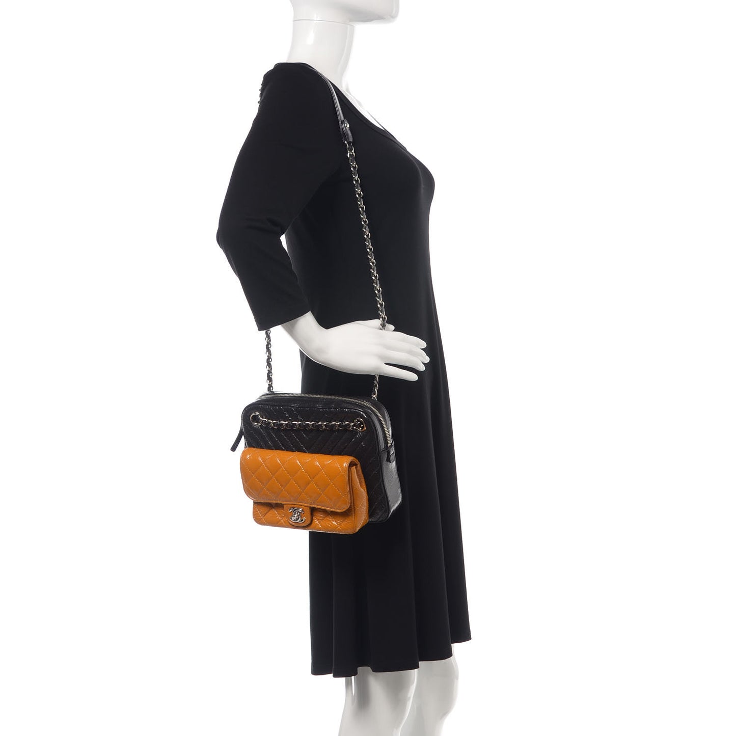 Distressed Patent Chevron Quilted Double Camera Bag With Flap Black Yellow