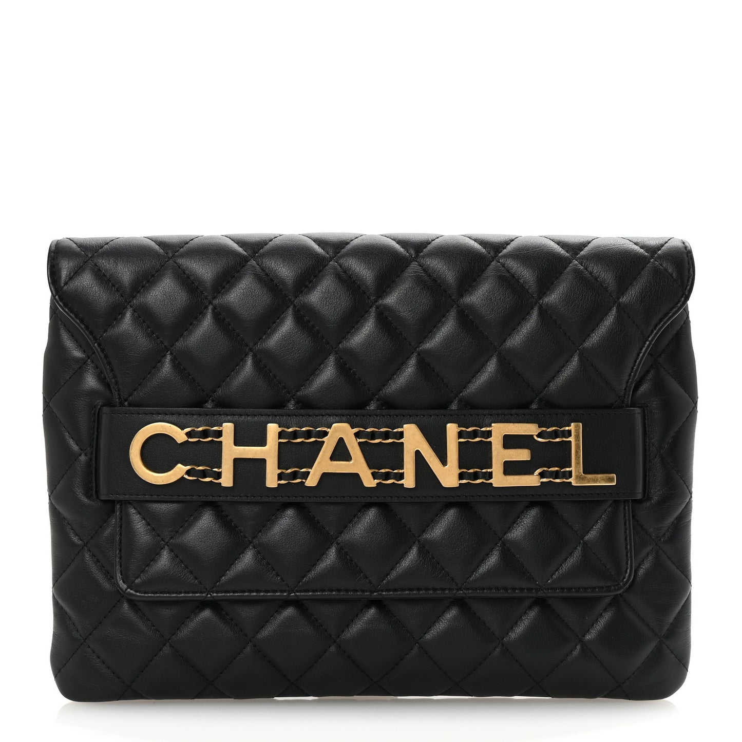 Calfskin Quilted Front Logo Enchained Clutch Black