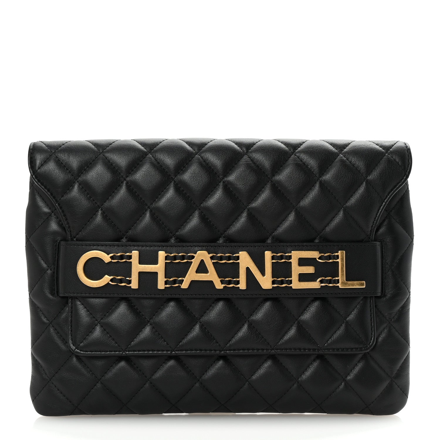 Chanel Calfskin Quilted Front Logo Enchained Clutch Black 1 of 8
