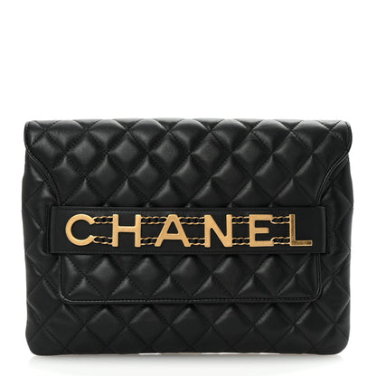 Chanel Calfskin Quilted Front Logo Enchained Clutch Black 1 of 8